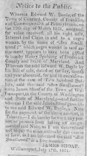 Public notice forewarning anyone from dealing with Edward W. Doyle of Concord, Franklin County, because he was accused of selling a free Black woman as a slave